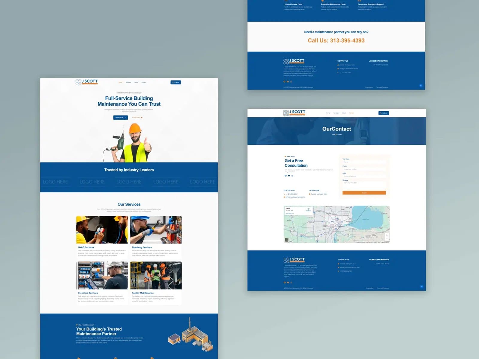 Homepage and contact page — desktop screens